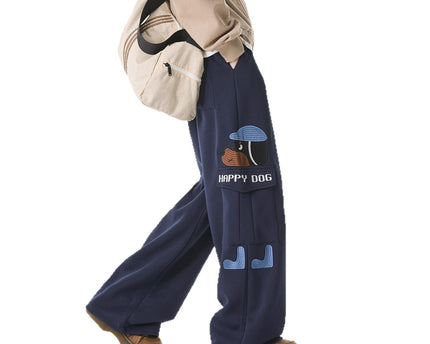 Dog Embroidery Sweatpants Men's Autumn Vintage Multi-Pocket Casual Pants High Street Versatile Drawstring Loose Sport Pants