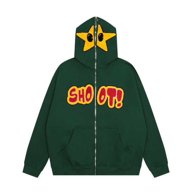 Cartoon Star Embroidery Plush Hoodie - High Street Hip-Hop Style