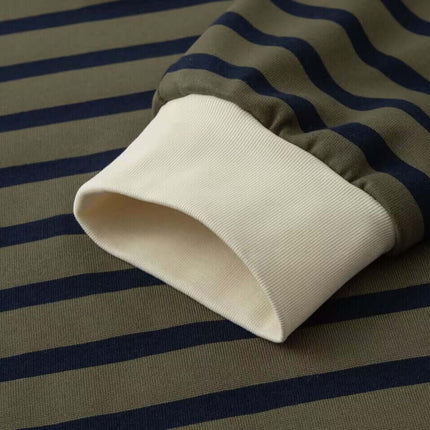 Close-up of the striped sleeve cuff of the Striped Lapel Polo Shirt in retro patchwork style.