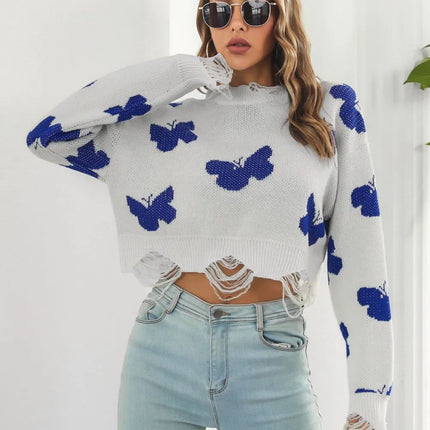 Distressed Butterfly Cropped Sweater – Slim Fit