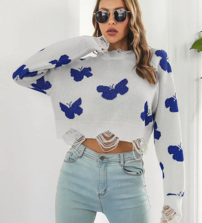 Distressed Butterfly Cropped Sweater