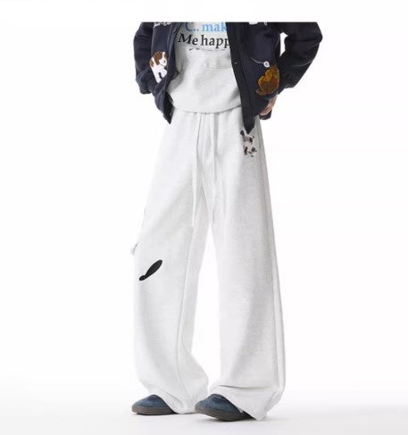 Pantalons de survêtement brodés pour chien Style Homme rétro à poches multiples Pantalons décontractés polyvalents à cordon de serrage amples et athlétiques de rue