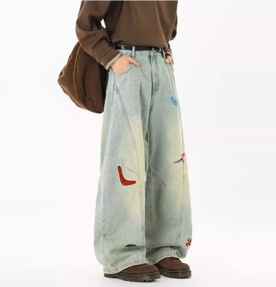 Jeans en patchwork amusants de streetwear pour hommes, tendance, déstructurés, brodés, pantalons à coupe propre, jeans droits lavés