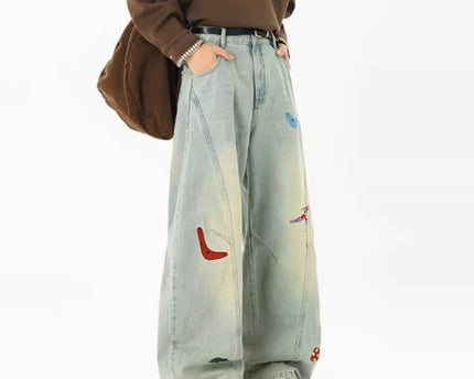 Jeans de Parchwork Divertidos de Calle Alta para Hombre, Tendencia Otoñal, Pantalones de Cuchillo Deconstruidos Bordados, Pantalones Rectos Lavados Cleanfit