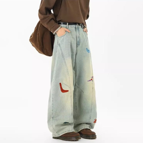 Jeans en patchwork amusants pour hommes de la rue principale, tendance automne, déstructurés, brodés, pantalons à taille haute, lavés, coupe droite