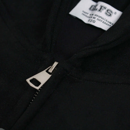 Faux Suede Printed Hoodie – Loose Fit close-up view showing the zipper and fabric details.