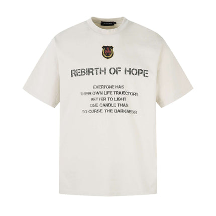 Retro Washed Badge Letter T-Shirt – Loose Fit featuring a unique design with the phrase 'Rebirth of Hope'.