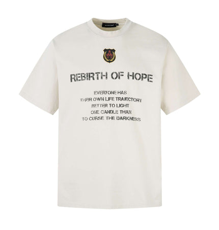 Retro Washed Badge Letter TShirt – Loose Fit featuring vintage badge print and inspirational quote.