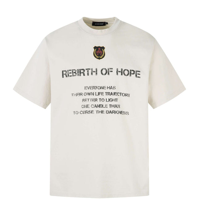 Retro Washed Badge Letter T-Shirt – Loose Fit featuring a unique design with the phrase 'Rebirth of Hope'.
