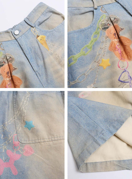 Blue cartoon chain print wide shorts with Grozavu logo