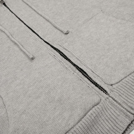 Letter Jacquard Knit Hoodie – Loose Fit in soft gray with front pockets and zipper detail.