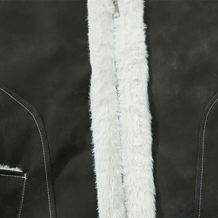 Street Style Cotton Jacket – Loose Fit with PU leather paneling and sherpa lining details.