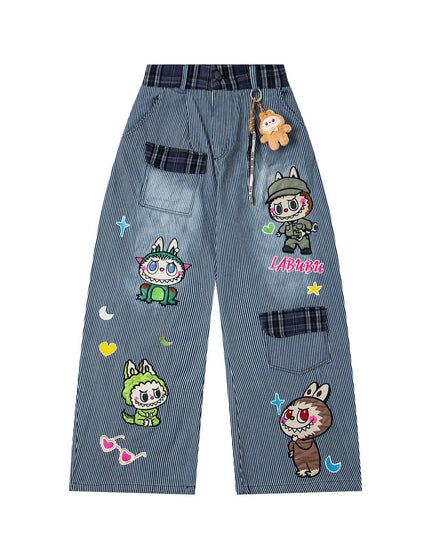 Retro Fun Cartoon Embroidery Washed Stripe Denim Pants Unisex Loose Casual Straight Street Long Trousers