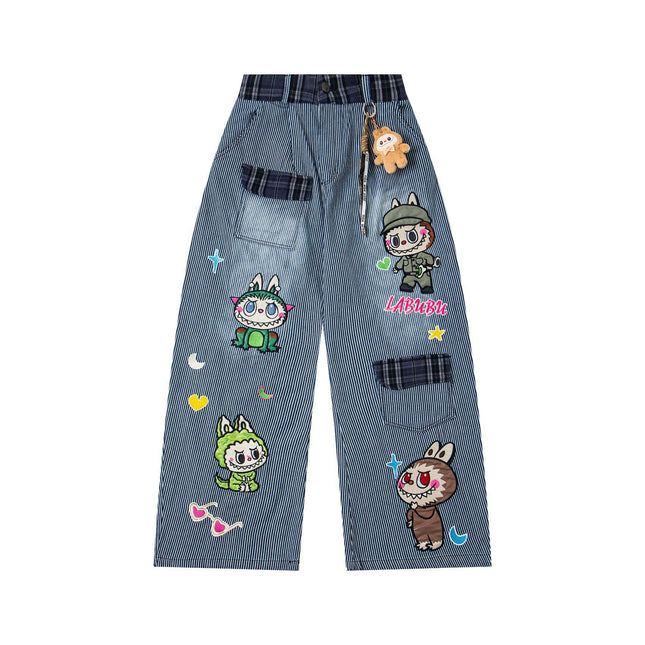 Cartoon Washed Denim Pants - Loose Fit