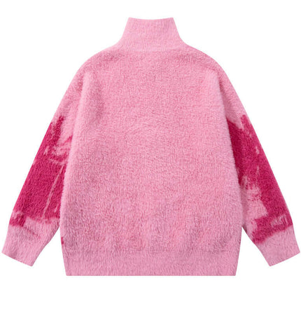 Floral Jacquard Knit Cardigan – Loose Fit, pink back view, cozy oversized sweater with artistic design.