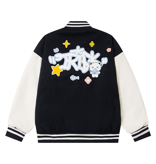 Chaqueta de béisbol bordada de gato - Corte holgado