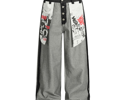 Street Style Printed Deconstructed Asymmetrical Design Loose Fit Unisex Jeans