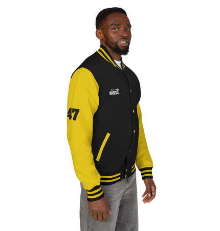 Unisex Heavyweight Letterman Jacket with Retro Motorcycle Design – Perfect for Spirit Events & Everyday Style