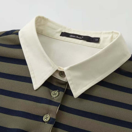 Striped Lapel Polo Shirt featuring a unique striped pattern and lapel-style collar in green and navy.