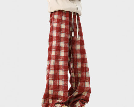 Casual Checkered Drawstring Pants Men Winter  Style Couple Fleece-Lined Warm Loose Vintage Sport Long Pants