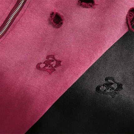 Half-Zip Printed Hoodie – Loose Fit in maroon and black showing vintage design details and distressed fabric.