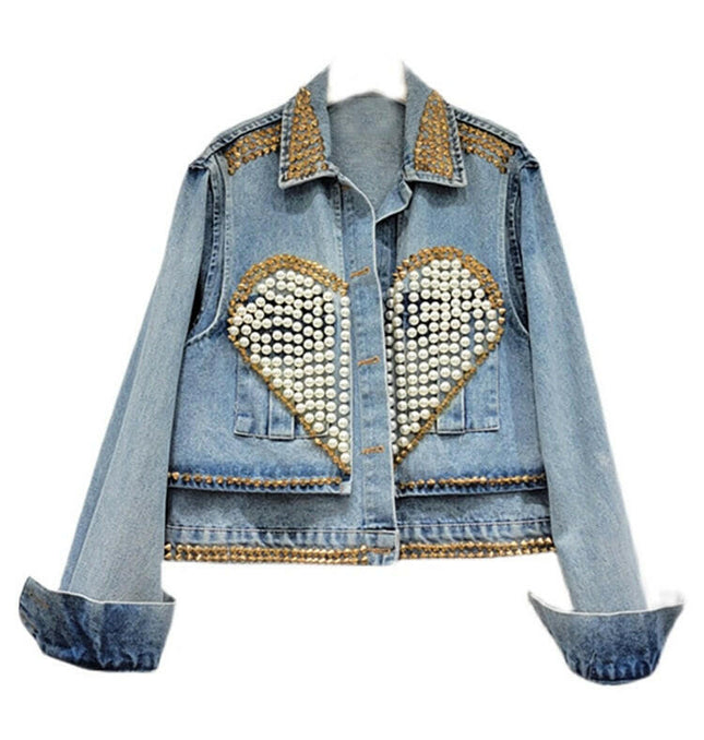 Grozavu's Denim Coat: Embrace Effortless Elegance with Heart Beading and Pearls! at €86.99