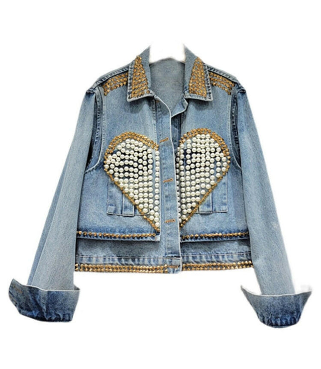 Grozavu's Denim Coat: Embrace Effortless Elegance with Heart Beading and Pearls!
