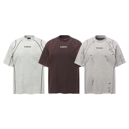 Punk Distressed Short Sleeve T-Shirt – Loose Fit in gray and burgundy, featuring ripped details and relaxed fit for summer streetwear.