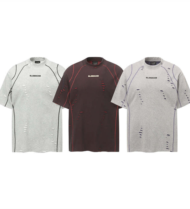 Punk Distressed Short Sleeve T-Shirt – Loose Fit in gray and burgundy, featuring ripped details and relaxed fit for summer streetwear.