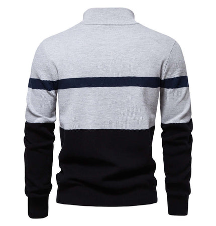 Stand Collar Half-Zip Knit Sweater featuring color-blocked design and stand-up collar from the back.