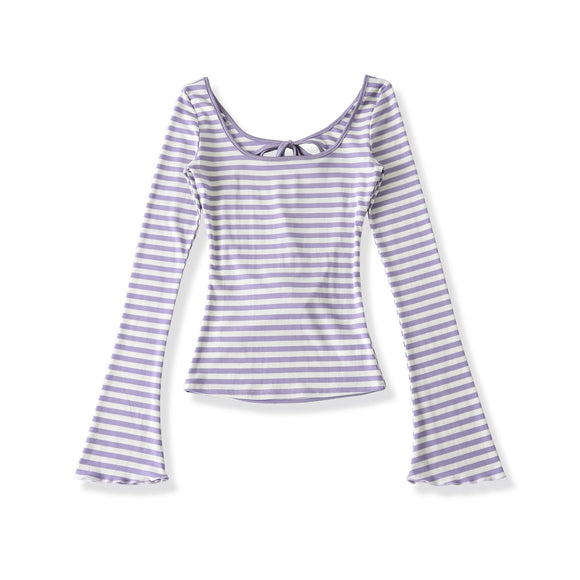 U-neck Striped Long Sleeved Elastic T-shirt Tight Top