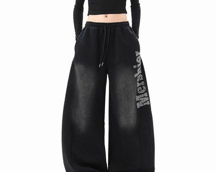 Streetwear Hip Hop Washed Letter Sweatpants Unisex Winter Trendy  Loose Wide Leg Pants Hiphop Casual Slit Pants