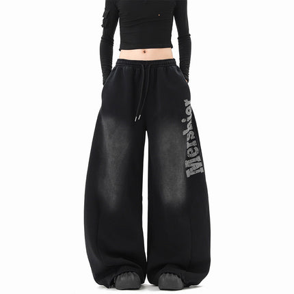 Pantalons de survêtement unisexe tendance hiver Hip Hop à lettres délavées, larges et amples avec fente casual