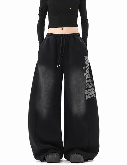Streetwear Hip Hop Washed Letter Sweatpants Unisex Winter Trendy  Loose Wide Leg Pants Hiphop Casual Slit Pants