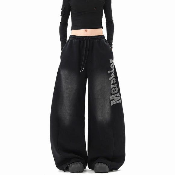 Streetwear Hip Hop Washed Letter Sweatpants Unisex Winter Trendy  Loose Wide Leg Pants Hiphop Casual Slit Pants