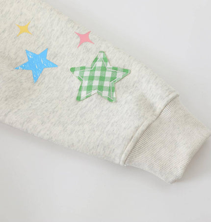 Slanted Shoulder Retro Graffiti Hoodie sleeve with colorful star graphics on grey fabric