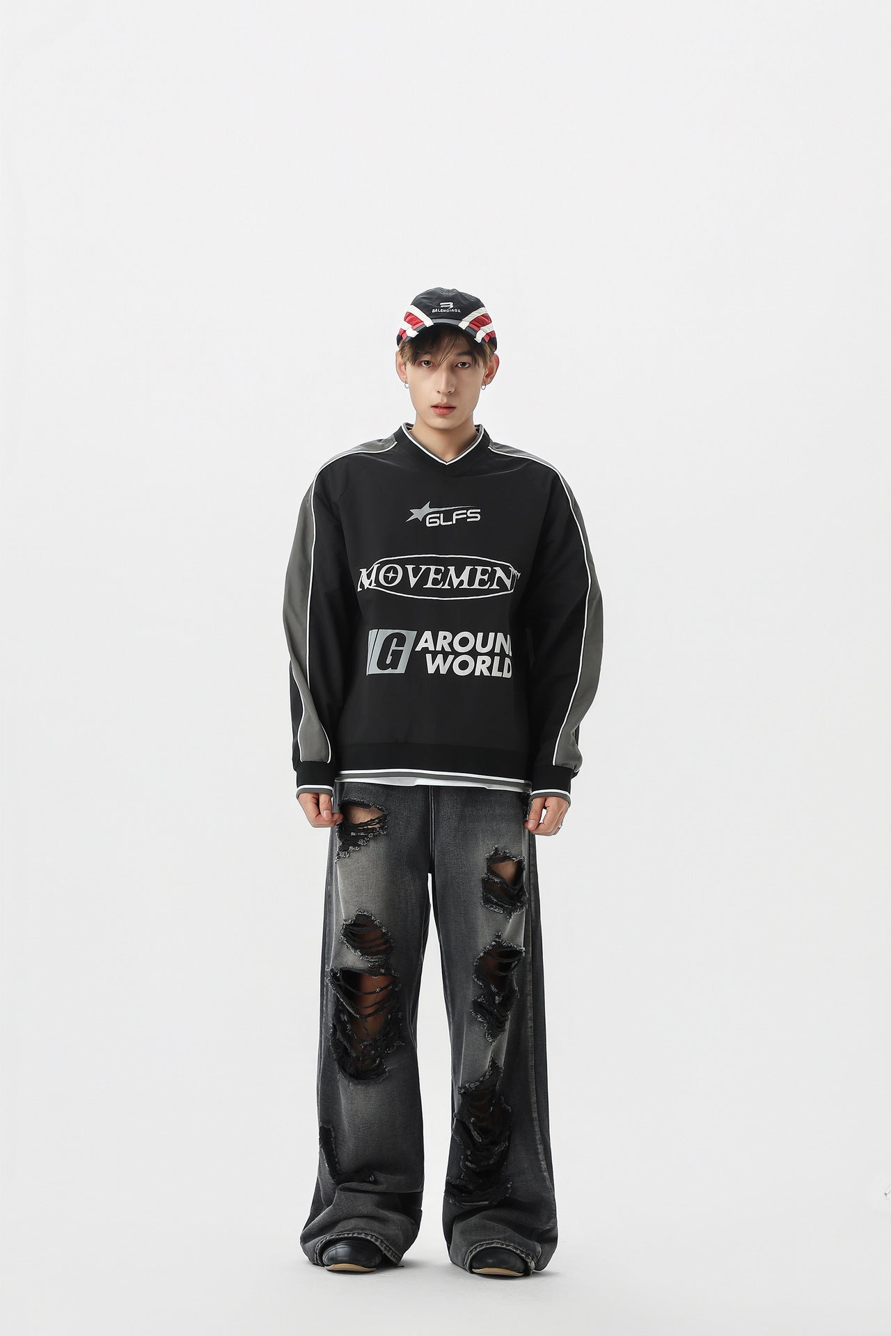 Camisa de Manga Larga con Cuello en V Deportiva Impermeable Negra Blanca