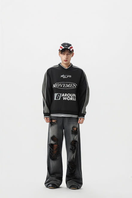 Camisa de Manga Larga con Cuello en V Deportiva Impermeable Negra Blanca