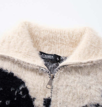 Floral Jacquard Knit Cardigan – Loose Fit close-up of collar and zipper design.