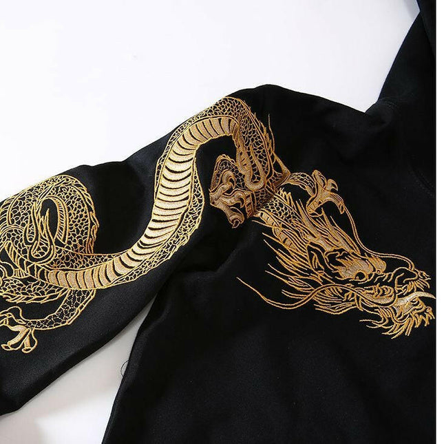 Grozavu Retro Dragon-Embroidered Hooded Sweatshirt