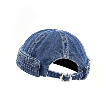 Back view of Denim blue washed denim melon skin hat by Grozavu