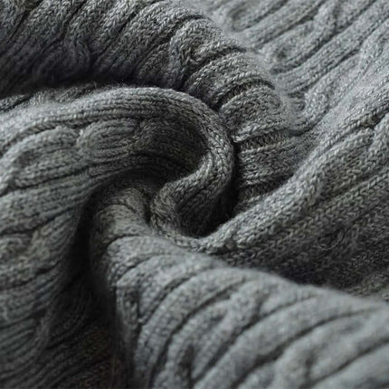 Close-up of the soft knitted texture of a Round Neck Half-Button Knit Sweater in gray fabric.