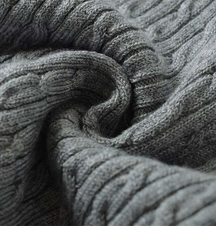 Close-up of the soft knitted texture of a Round Neck Half-Button Knit Sweater in gray fabric.