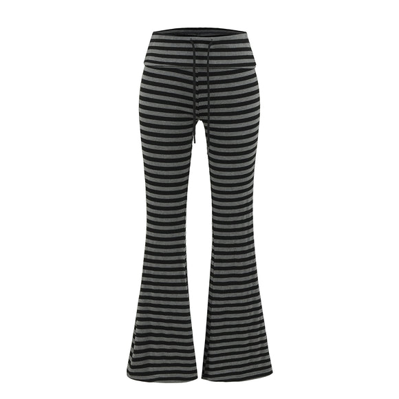 High waisted knitted flared black gray striped tight fit high waisted elastic micro flared pants