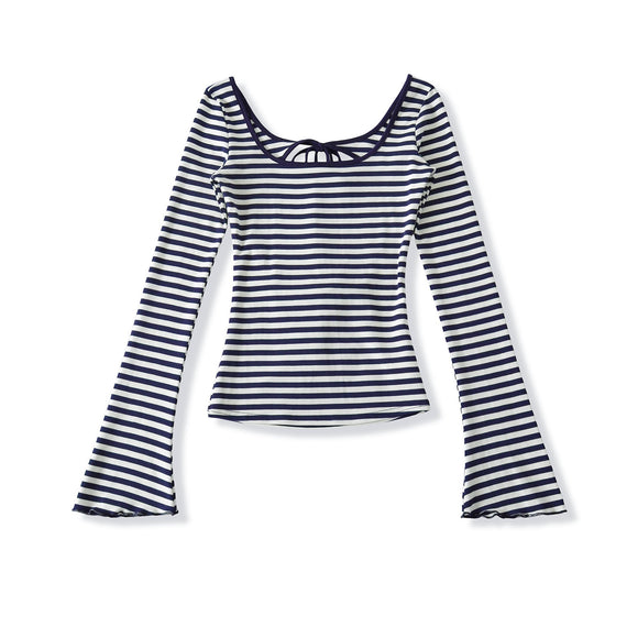 U-neck Striped Long Sleeved Elastic T-shirt Tight Top