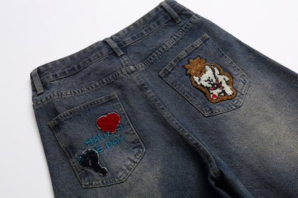 Vintage Cartoon Towel Embroidery Washed Knife-Edge Jeans Pants
