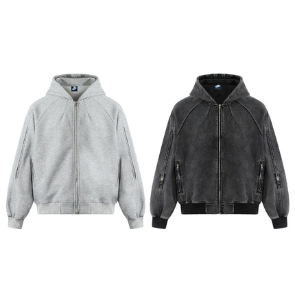 Gewaschene Hoodie-Jacke – Lockere Passform Reißverschluss Sweatshirt