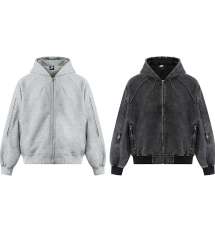 Washed Zip Hoodie Jacket – Loose Fit in gray and black showcasing a modern streetwear style.
