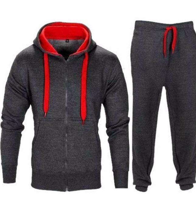 Lässiger, solider Trainingsanzug mit Reißverschluss und Kapuze, Sweatshirt-Jacke + Jogginghose für Herren