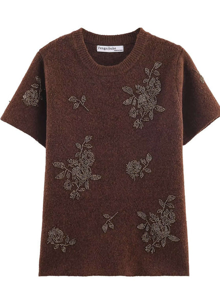 Model wearing Brown ethnic bead embellished short sweater by Grozavu